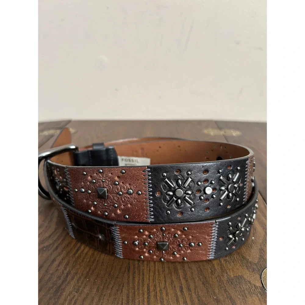 Vintage Fossil Womens Large Brown Leather Patchwork‎ Studded Floral Belt